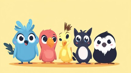 Fototapeta premium Cute cartoon birds and animals, happy expressions