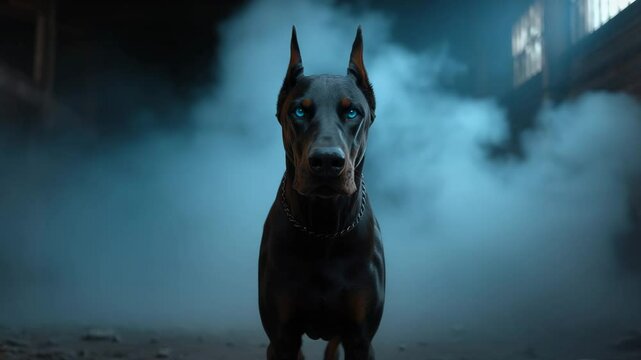 Futuristic doberman dog with piercing neon blue eyes stares ahead in a dimly lit, fog-filled abandoned warehouse with a cyberpunk atmosphere. Concept of sci-fi dystopia and artificial intelligence 