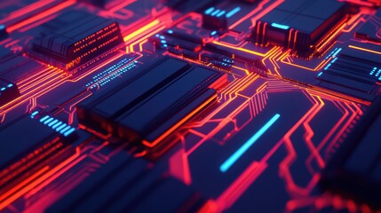 Fototapeta premium Futuristic Abstract Circuit Board with Neon Lights in Blue and Red Color Scheme for Technology Background