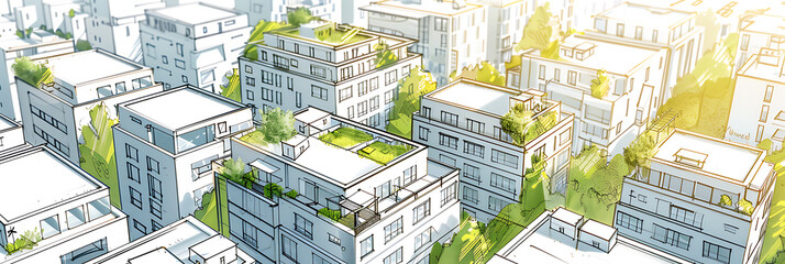 Architectural sketch illustration of modern city buildings with green rooftops and vegetation. Sustainable urban development, eco-city, green architecture concept.

