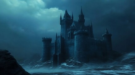 Digital castle illuminated with blue light in a mysterious foggy scene image