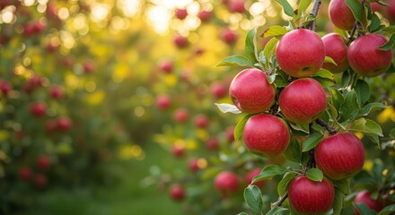 Obraz premium Bright red apples hanging from branches in a lush orchard, surrounded by soft bokeh of autumn colors, representing harvest and abundance