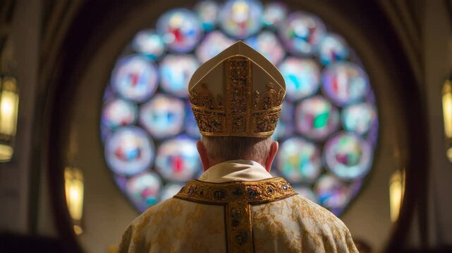 Bishop in richly decorated robe and mitre standing in front of circular stained glass window with religious motifs in a dimly lit cathedral interior