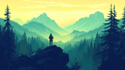 Hiker on mountain overlooking scenic forest valley