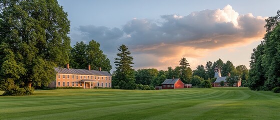 Tranquil estate buildings at golden hour.