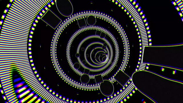 Circular, space black hole design, wormhole loop, time travel geometric transition corridor supported by vector lines, visual loop concepts in motion design