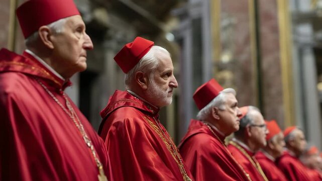 Elderly Catholic cardinals in red vestments and birettas standing in a row inside a grand marble cathedral with golden accents. Concept of religious tradition and hierarchy