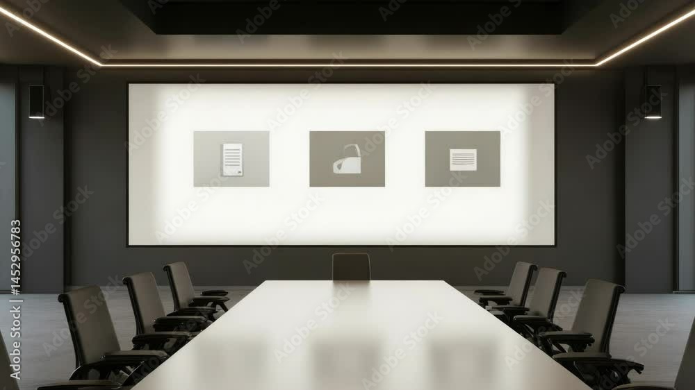 Poster a typical meeting space with a projector screen and chairs