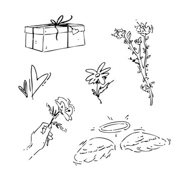 A heartfelt set of black and white doodles for celebrating moms. Features gift boxes, flowers, hearts, angel wings, and tender hand gestures. Ideal for Mother&rsquo;s Day cards, branding, prints