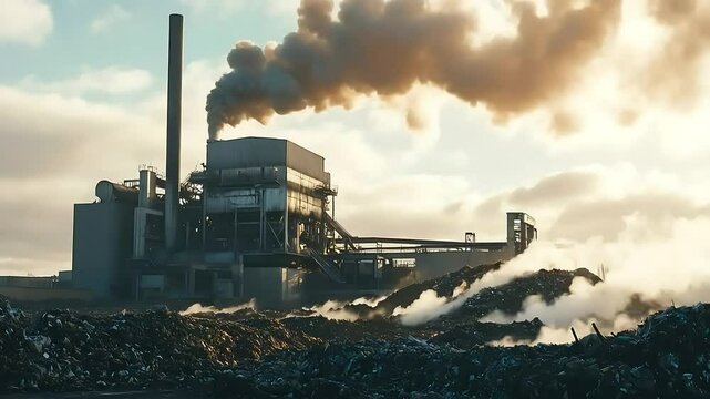 Industrial waste incinerator plant emitting smoke and steam