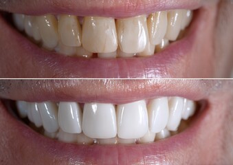 Close-up of male teeth before and after dental whitening treatment.