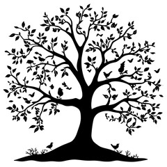 Obraz premium A black silhouette of a tree with birds perched among leaves