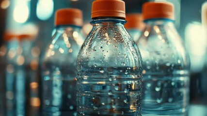 A collection of water bottles placed on a table, ready for use or display - Powered by Adobe