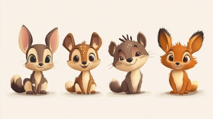 Cute woodland critters, sitting in a row