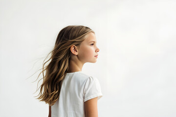 Profile of a Young Girl With Blonde Hair Looking Serene Against White Background.