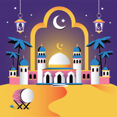 Eid Mubarak Mosque Illustration with Crescent Moon and Lanterns
