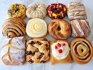 Fototapeta premium Assorted Delicious Pastry Collection: Sweet Breads, Danishes, and Croissants