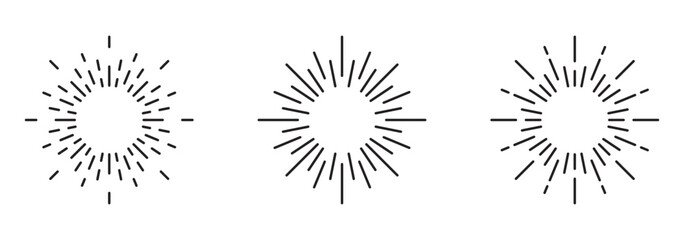 Circular bursts, beams, and rays. Monochrome graphics, optical patterns, and glowing black elements. Vector isolated illustration.