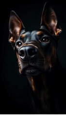 Dog close-up Doberman Pinscher powerful jawline sleek dog fur Doberman profile dog portrait moody lighting Doberman head
