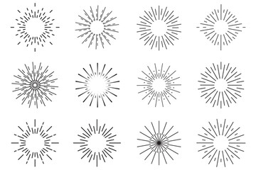 Radial circle lines. Circular radiating lines geometric element. Sun star rays symbol. Abstract geometric shapes. Design element. Vector illustration isolated on white background.