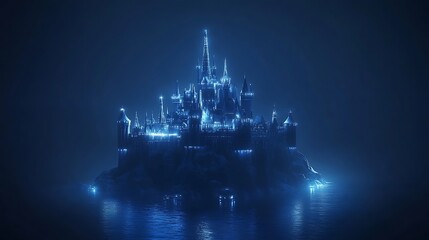 3D rendered blue glowing castle in dark mist with a magical feel image