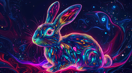 A vibrant neon rabbit illustration blending art and cosmic themes beautifully. [Neon Folklore] | Synth Shamans | electric guides. Illustration