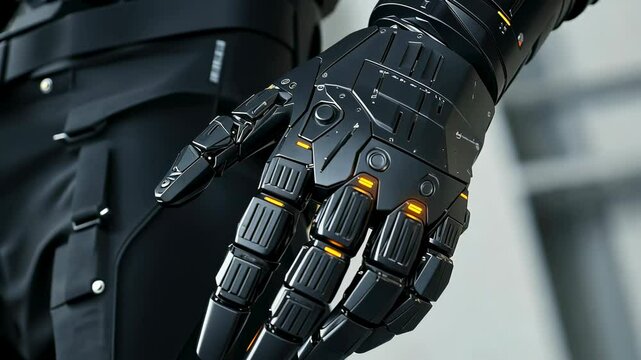 A black robotic arm in close-up with detailed mechanical structure.