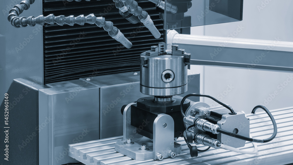 Leinwandbilder a machine with a black and silver casing and a white and silver part. machine is in a factory settin