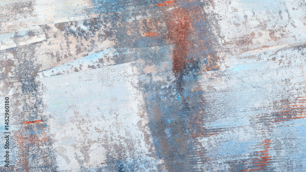 Poster a painting with a blue and white background and red and brown splatters. painting has a rough, textu