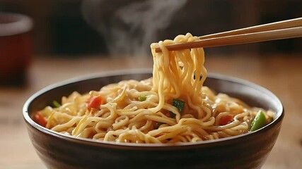 Steaming hot noodles lifted with chopsticks from bowl - Powered by Adobe