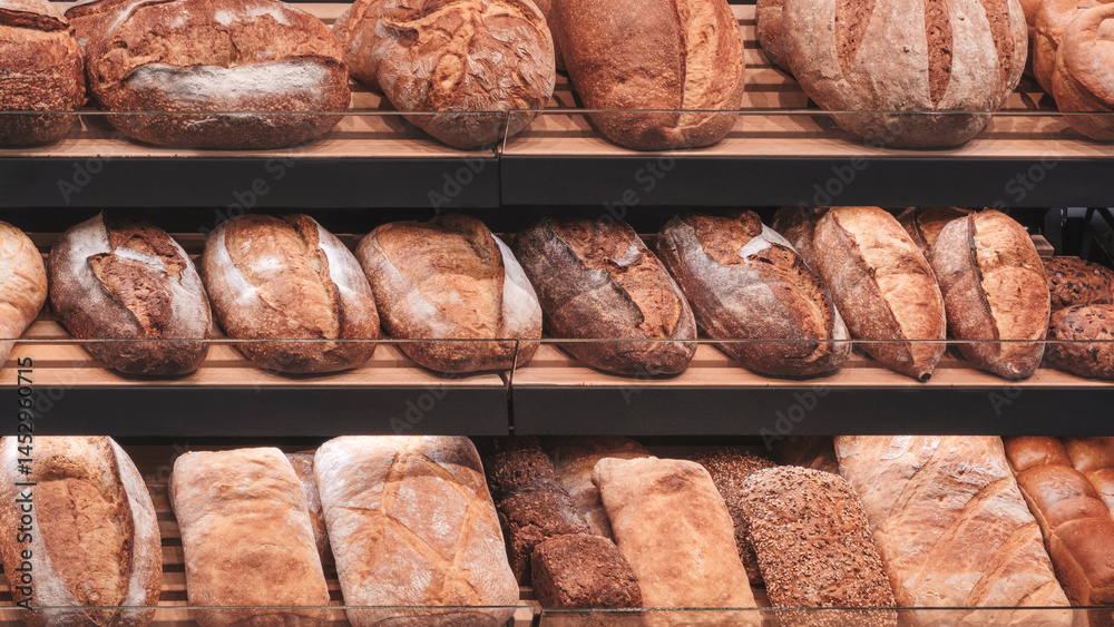 Poster A display of breads with a variety of shapes and sizes. The breads are arranged on shelves and are ready to be purchased.