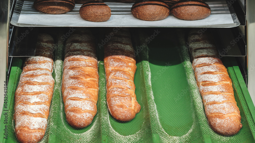 Poster a tray of breads is being baked in an oven. the breads are all different shapes and sizes, and they 
