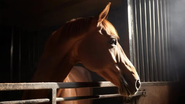 Chestnut horse profile in a dark stable with sunlit highlights and metal bars, creating a sense of animal captivity and equestrian farm life.