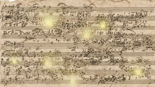 Vintage sheet music manuscript on aged paper featuring musical notes, symbols, lines, and a worn, textured surface with golden highlights.