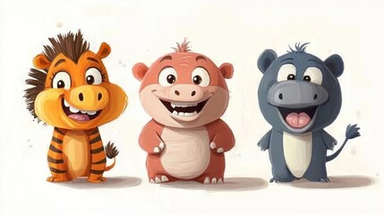 Three cute cartoon animals, smiling broadly