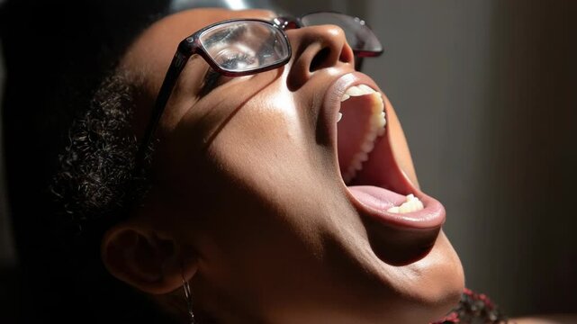 Woman with open mouth and glasses lying back with sunlight. Close up of face, teeth, tongue, and throat in high key light.