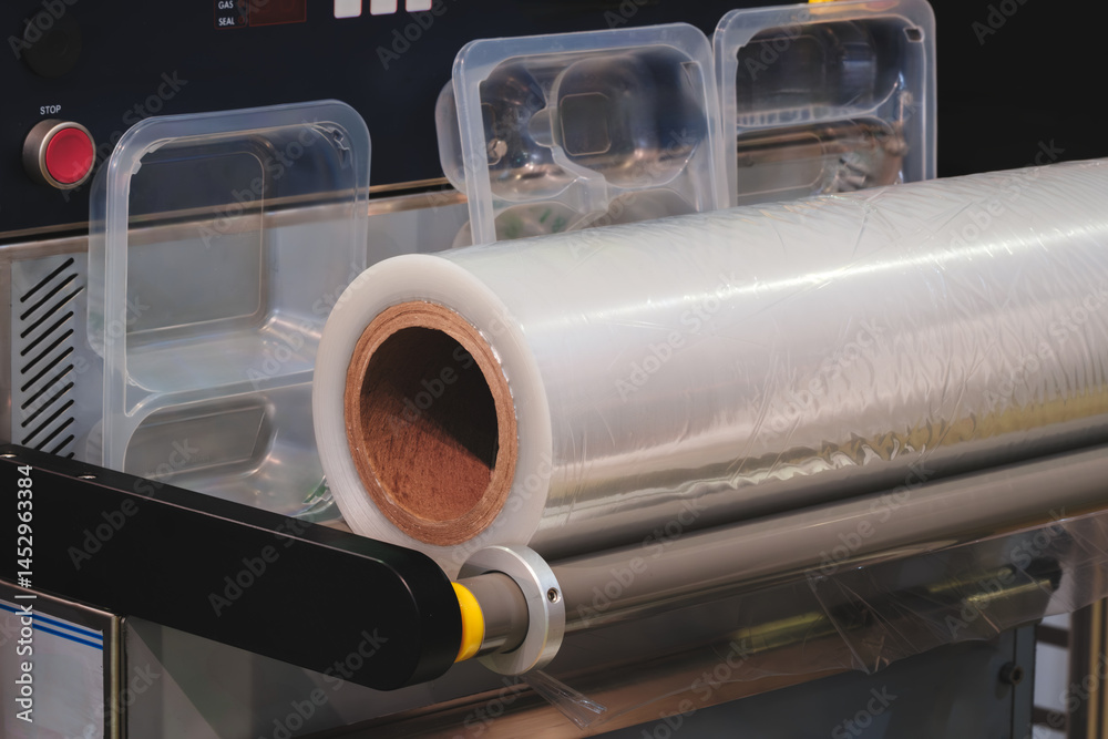 Aufkleber a roll of plastic wrap is being fed into a machine. the machine is a conveyor belt that is used to w