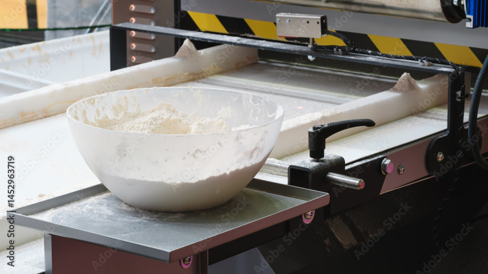Poster A bowl of flour is on a counter next to a machine. The bowl is almost empty and the machine is in the background. Bread bakery concept background.