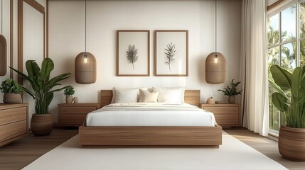 Minimalist bedroom with wooden furniture and plants