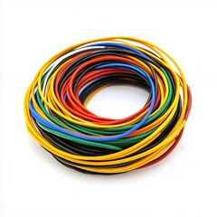 Colorful Electrical Wires in a Circular Coil on White Background
