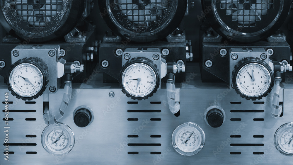 Poster several digital measuring indicators in a row installed on an industrial machine, industrial concept