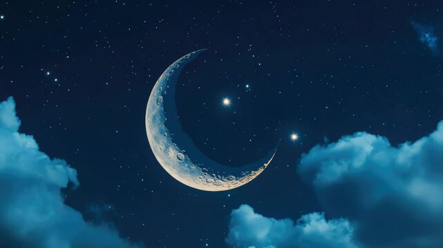 A crescent moon and a bright star shine in the dark blue night sky