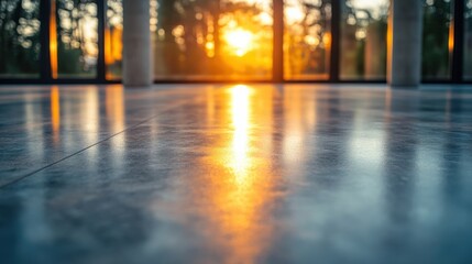 Fototapeta premium Sunlight streaming through large windows onto a polished floor, creating a warm atmosphere