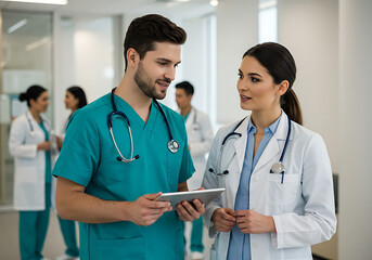 Two healthcare professionals, a male doctor holding a tablet and a female doctor, stand conversing in a bright, modern hospital hallway during their