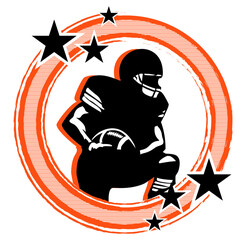 Orange and black round frame with stars and football player, sport vector graphics, retro style