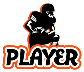 “Player” written in bold rounded letters with a football player leaning against the text. Two-tone vector design with lighter orange and darker black, perfect for sports and football-themed graphics