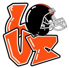 love - orange and black football player helmet, sport vector graphics, for street art - graffiti lettering typography - art illustration - multicolor - writen