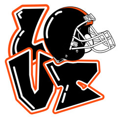 love - orange and black football player helmet, sport vector graphics, for street art - graffiti lettering typography - art illustration - multicolor - writen