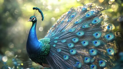 Obraz premium Majestic peacock displaying vibrant feathers in sunlit forest