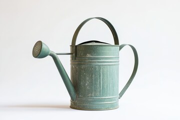 Close up of a green watering can against a white backdrop